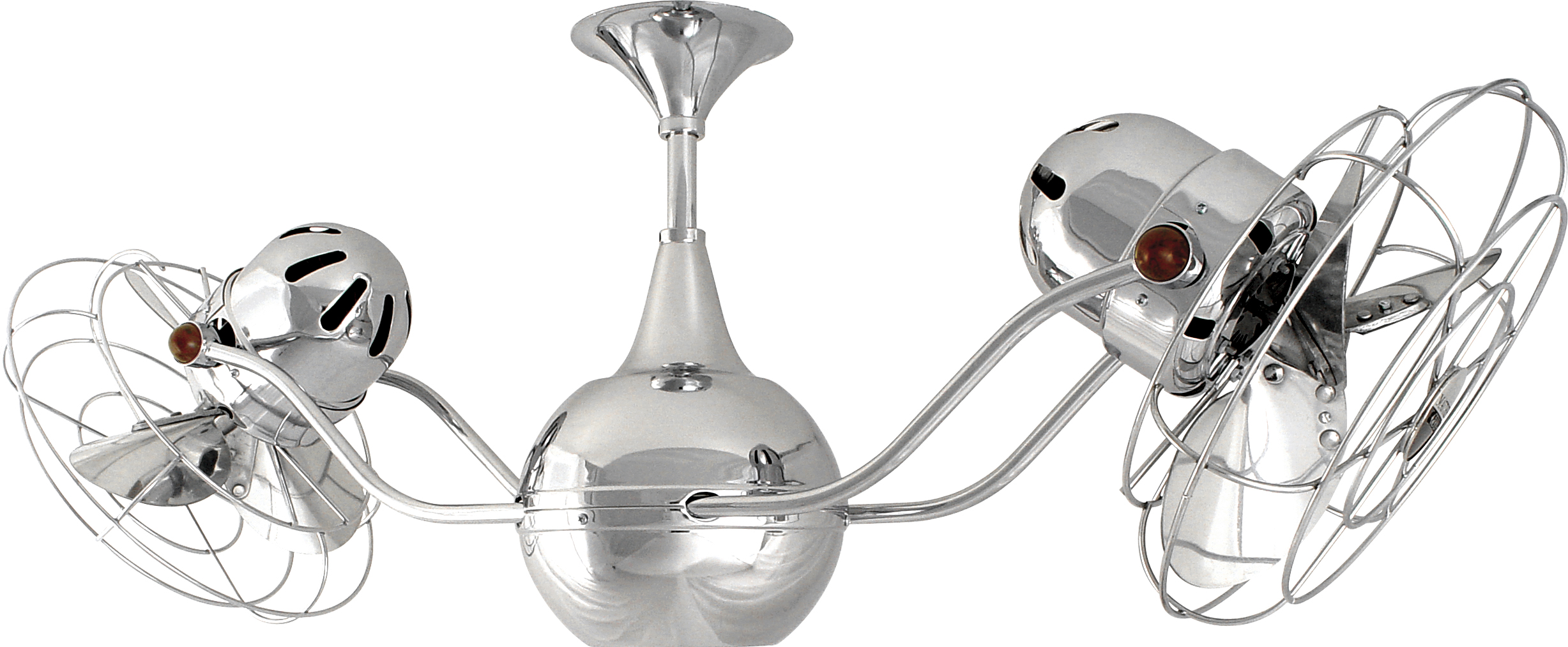 Vent-Bettina rotational dual head ceiling fan in Polished Chrome finish with Metal blades and Decorative Cage made by Matthews Fan Company.