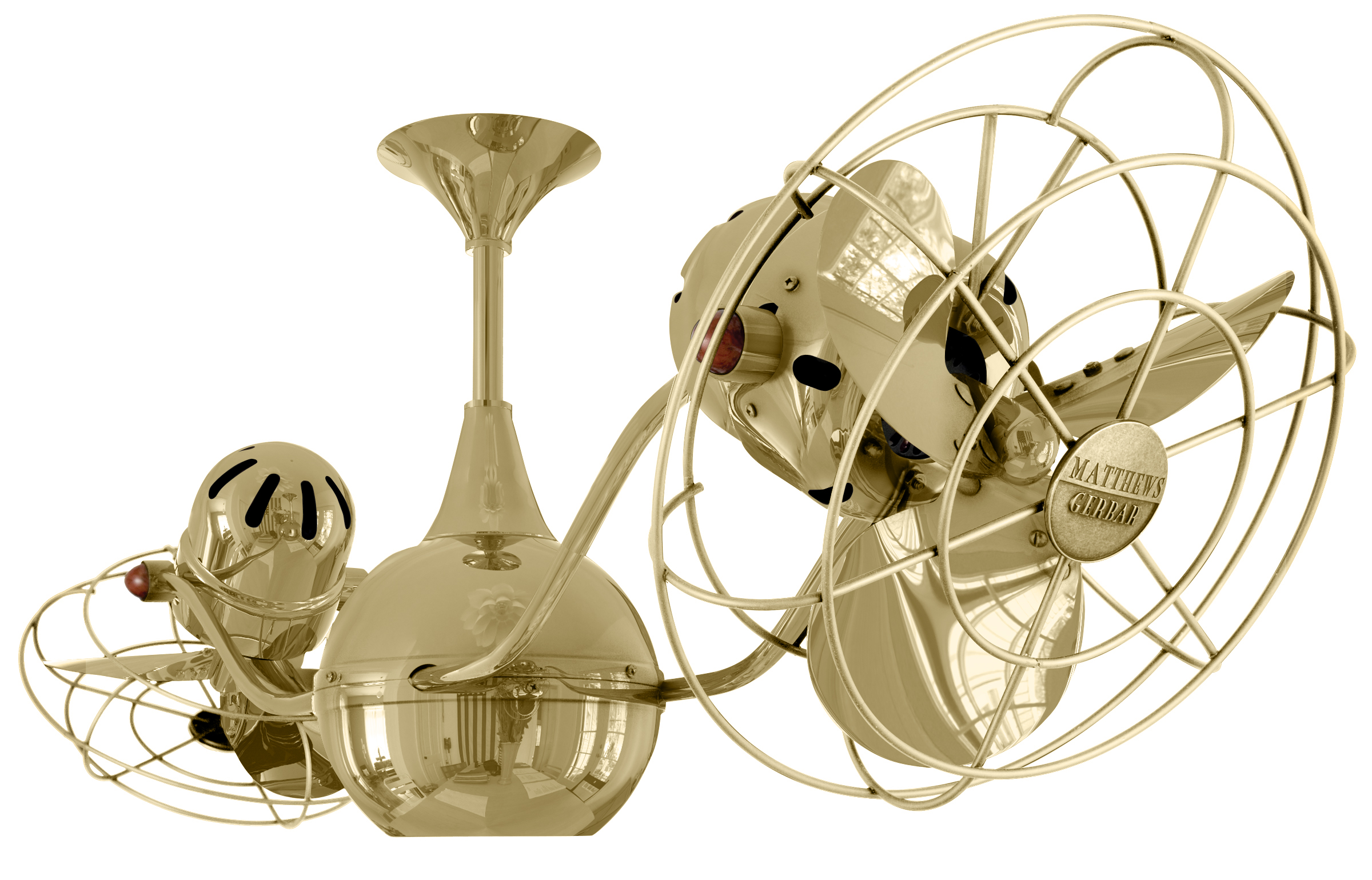 Vent-Bettina rotational dual head ceiling fan in Polished Brass finish with metal blades in decorative cages made by Matthews Fan Company.