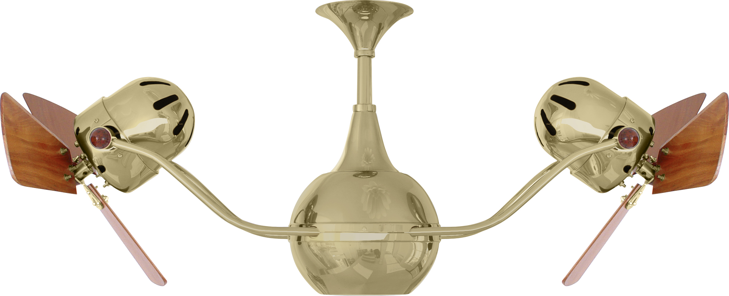 Vent-Bettina rotational dual head ceiling fan in Polished Brass finish with mahogany wood blades made by Matthews Fan Company.