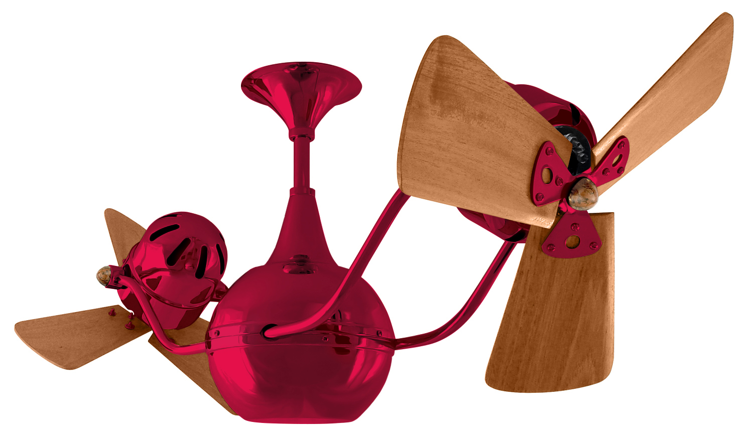 Vent-Bettina rotational dual head ceiling fan in Red / Rubi finish with solid Mahogany wood blades made by Matthews Fan Company.